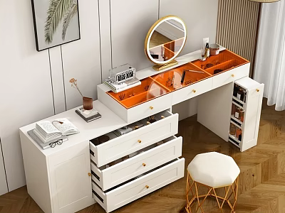 Modern White Dressing Table With Gold Framed Mirror Glass Top Multiple Drawers And Stool 3d model