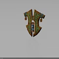 Decorative Shield With Green Orange Geometric Patterns Blue White Spiral And Hanging Bells