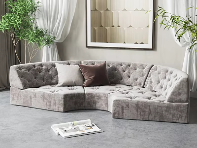 Gray Tufted Irregular Shaped Sofa With Throw Pillows And Green Plants In Living Room Interior 3d model