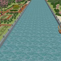Waterfront Landscape Design With Red Frame Structures Trees River Walkway Paved Area and Pavilion 3d model