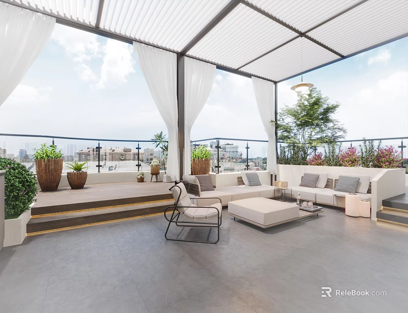 Modern Roof Garden With White Awning Curtains City View And Potted Plants 3d model 