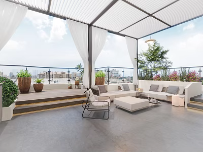 Modern Roof Garden With White Awning Curtains City View And Potted Plants 3d model