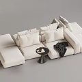 Modern Light Beige Sectional Sofa With Plush Cushions Side Table And Throw Blanket 3d model