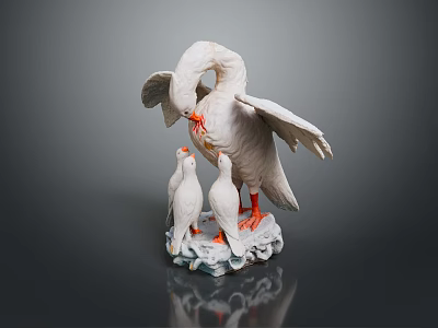 Mother Goose Caring For Baby Geese In Sculpture With Decorative Wave Base 3d model