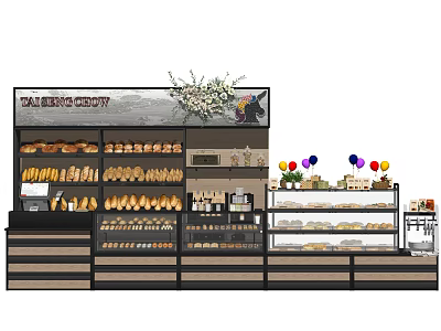 Bakery Reception Counter With Fresh Flowers Signboard Bread Displays And Colorful Balloons 3d model