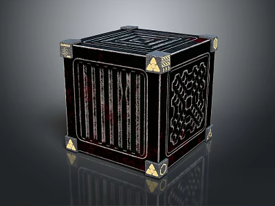 Ornamental Black Cube Scene Component With Golden Corner Accents And Intricate Striped Cut Out Details 3d model