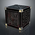 Ornamental Black Cube Scene Component With Golden Corner Accents And Intricate Striped Cut Out Details