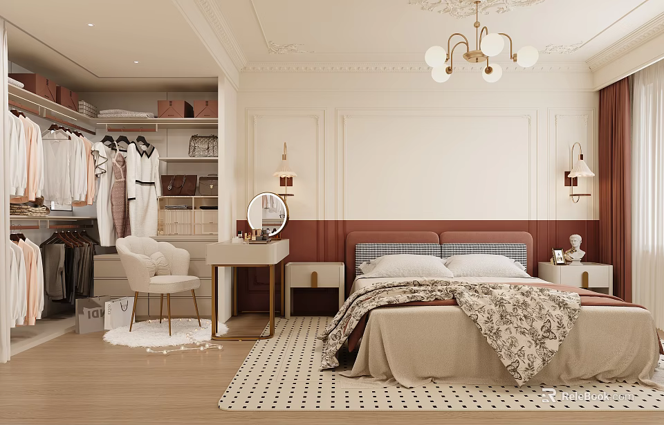Modern Luxury Bedroom Interior with White Walls Red Headboard Wardrobe Dressing Table Chandelier and Rug 3d model 