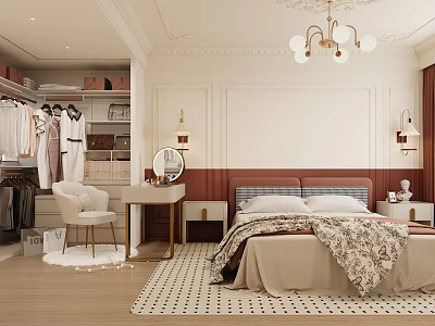 Modern Luxury Bedroom Interior with White Walls Red Headboard Wardrobe Dressing Table Chandelier and Rug 3d model