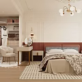 Modern Luxury Bedroom Interior with White Walls Red Headboard Wardrobe Dressing Table Chandelier and Rug