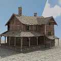 Old Wooden House With Two Chimneys Tile Roof Windows And Stone Slab Porch
