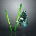 Green Winged Butterfly Perched On Two Green Straws Against Dark Background