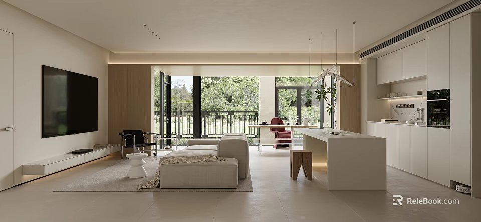 Modern Open Living Dining Interior With Natural Light Sofa And Dining Table 3d model 