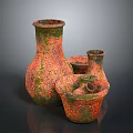 Sculpted Terracotta Vases With Orange Green Textured Surface And Multiple Sizes Artistic Design