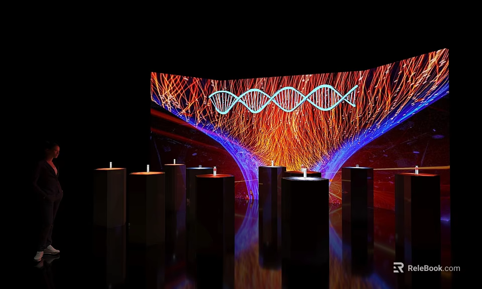 Interactive Science Exhibition Zone Featuring DNA Helix Display And Colorful Light Projections 3d model