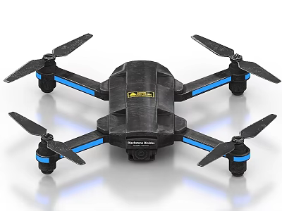 Flying Drone With Four Propellers Black Body Blue Accents And Camera 3d model
