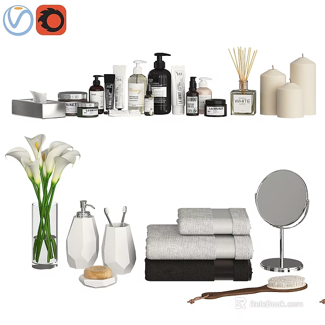 Essential Bathroom Daily Care Products With Hand Soap Towels Scented Candles And Mirror 3d model 