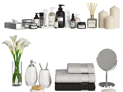 Essential Bathroom Daily Care Products With Hand Soap Towels Scented Candles And Mirror 3d model