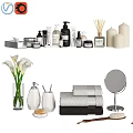 Essential Bathroom Daily Care Products With Hand Soap Towels Scented Candles And Mirror