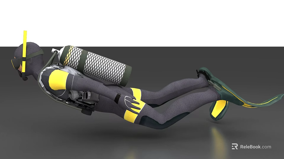 Man In Gray And Yellow Diving Suit With Oxygen Tank Diving In Horizontal Position 3d model 