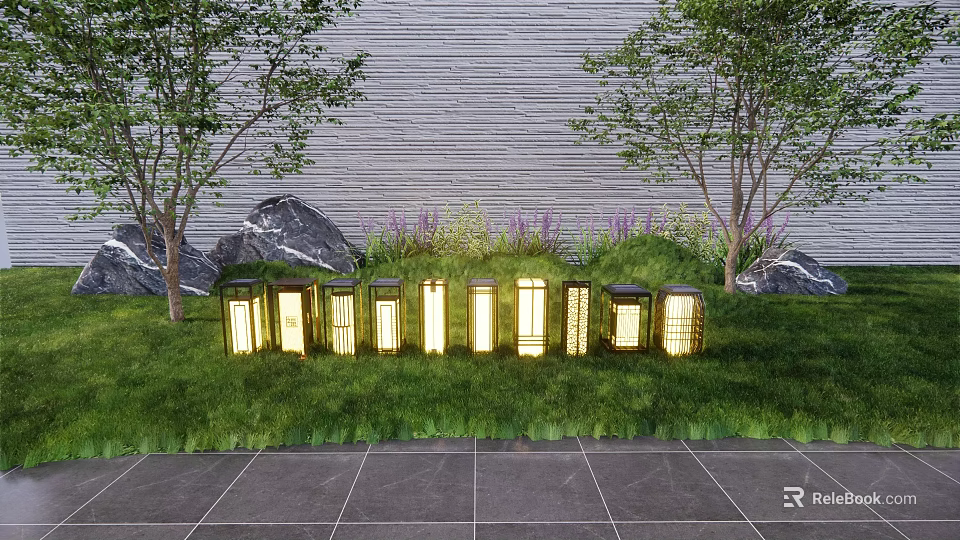 Modern Outdoor Lights Glowing In Green Grass With Trees Rocks Gray Wall And Stone Tiles 3d model 