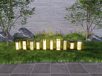 Modern Outdoor Lights Glowing In Green Grass With Trees Rocks Gray Wall And Stone Tiles 3d model