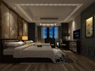 Chinese Modern Hotel Guest Room Interior With Double Bed Ceiling Pattern Rug And TV 3d model