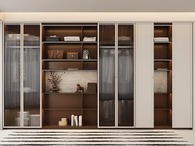 Modern Wardrobe Interior Design With Glass Doors Wooden Shelves Storage Boxes And Decorative Items 3d model