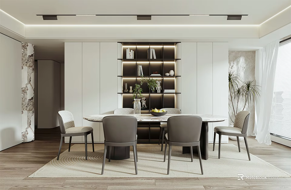 Modern Restaurant Interior With Round Dining Table Gray Chairs Decorative Shelves And Green Plants 3d model 