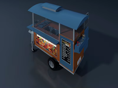 Mobile Food Cart With Blue Canopy Transparent Windscreen Menu Board And Decorative Food Graphics 3d model