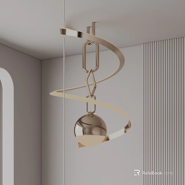 Modern Gold Curved Spiral Sphere Chandelier in Gray Striped Wall Interior 3d model 