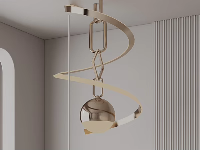Modern Gold Curved Spiral Sphere Chandelier in Gray Striped Wall Interior 3d model