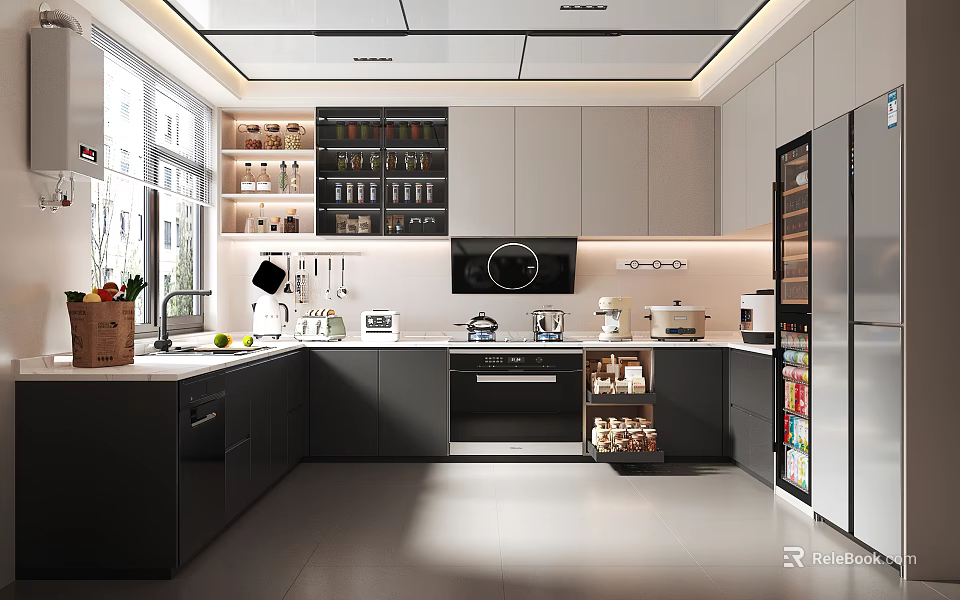 Modern Kitchen Interior Design With White Cabinets Open Shelves And Stainless Steel Appliances 3d model 