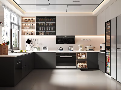 Modern Kitchen Interior Design With White Cabinets Open Shelves And Stainless Steel Appliances 3d model