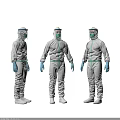 Three People in Gray Protective Suits With Green Lines Face Shields and Blue Gloves
