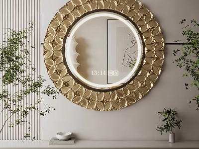 Elegant Golden Round Wall Mirror With Floral Frame And Green Plants 3d model