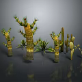 Various Form Cactus and Succulent Plants 3D Rendered Display with Different Shapes on Gray Surface