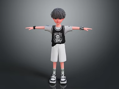 Gray Haired 3D Character With Black White T Shirt White Shorts Wristbands And Outstretched Arms 3d model