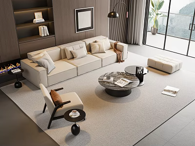 Modern Beige Fabric Sofa Coffee Table Set With Round Marble Top And Side Chair Area Rug Floor Lamp 3d model