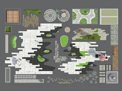 Decorative Garden Ornaments Layout With Paving Green Foliage Circular Designs Stone Slabs And Wooden Modules 3d model