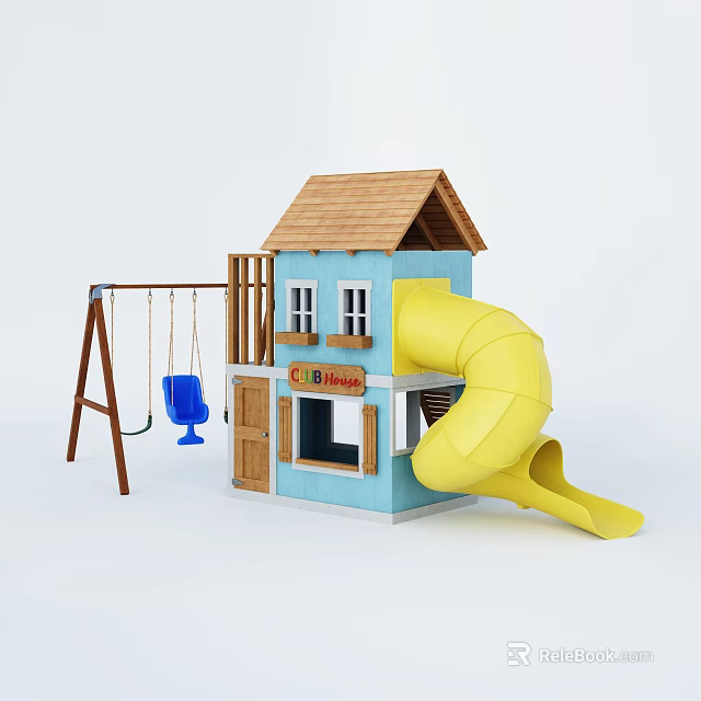 Kids Playground Equipment Featuring Blue Playhouse Brown Roof Yellow Slide And Blue Swing 3d model 