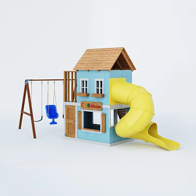 Kids Playground Equipment Featuring Blue Playhouse Brown Roof Yellow Slide And Blue Swing 3d model