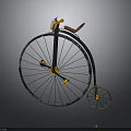 Vintage Penny Farthing Bicycle With Large Front Small Rear Wheels Brown Leather Saddle Yellow Pedals