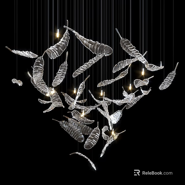 Artistic Feather Shaped Transparent Glass Chandelier with Modern Hanging Lighting Fixtures 3d model 