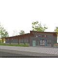 Modern Post Station Exterior With Wooden Gray Facade Glass Entrance Stone Pathway And Trees