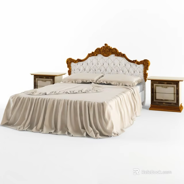 Ornate Upholstered Double Bed with Carved Headboard Beige Bedding and Matching Nightstands 3d model 