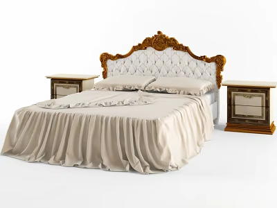 Ornate Upholstered Double Bed with Carved Headboard Beige Bedding and Matching Nightstands 3d model