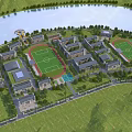Aerial Campus Planning View With Buildings Football Field Swimming Pool And Waterfront Greenery
