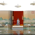 Elegant Traditional Screen With Red Panel Landscape Art Featuring Female Figure Hanging Lamps And Reflection