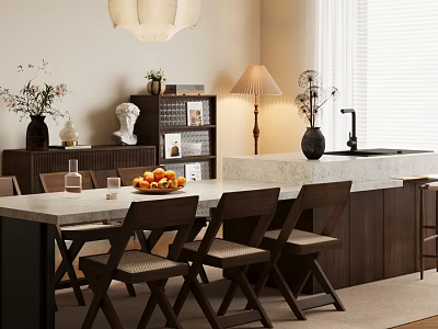 Elegant Modern Restaurant Interior With Wooden Dining Table Chairs Marble Counter And Lighting 3d model